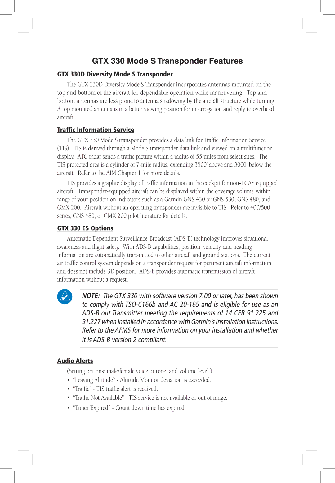 Garmin manual GTX 330D Diversity Mode S Transponder, Traffic Information Service, GTX 330 ES Options, Audio Alerts 